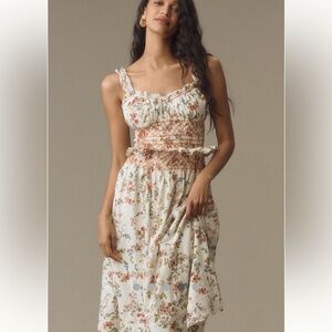 Anthropologie Floral Midi Dress in Cream and Pink
